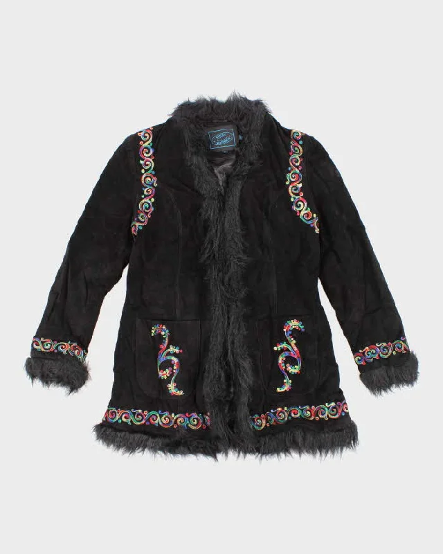 Vintage 90s Steve Madden Suede Faux Fur Embroidered Jacket - M Boat Neck Shawl Collar Notched Collar