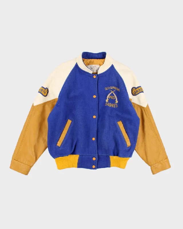 Vintage Blue And Yellow Leather Varsity Jacket - XL Knit Fabric Woven Fabric Fleece Fabric