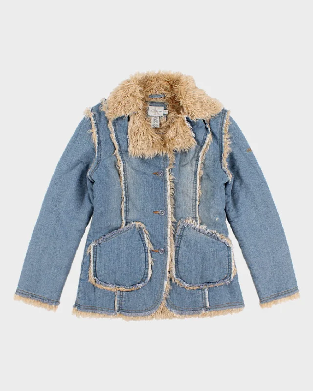 Y2K 00s Calvin Klein Faux Fur Lined And Detailed Denim Jacket - S Wool Jacket Cashmere Jacket Tweed Jacket