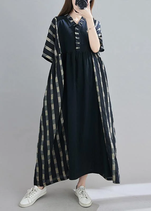 100% V Neck Patchwork Spring Clothes Sleeve Black Plaid Maxi Dress Fashionable Chiffon Tiered Maxi Dress