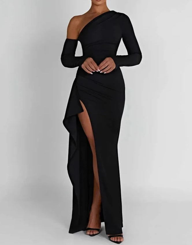 A&A Luxe Oblique Shoulder Thigh High Split Maxi Dress Comfortable Pleated Maxi Dress A&A Luxe Oblique Shoulder Thigh High Split Maxi Dress Comfortable Pleated Maxi Dress