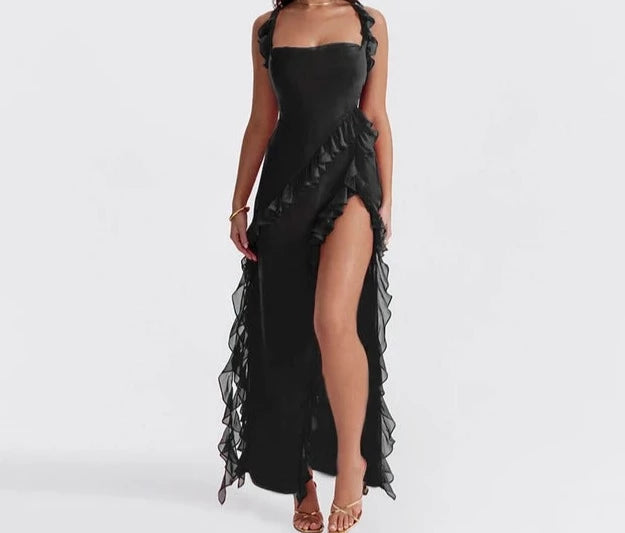 A&A Luxe Ruffle Split Chiffon Maxi Dress Cozy Wrap Maxi Dress