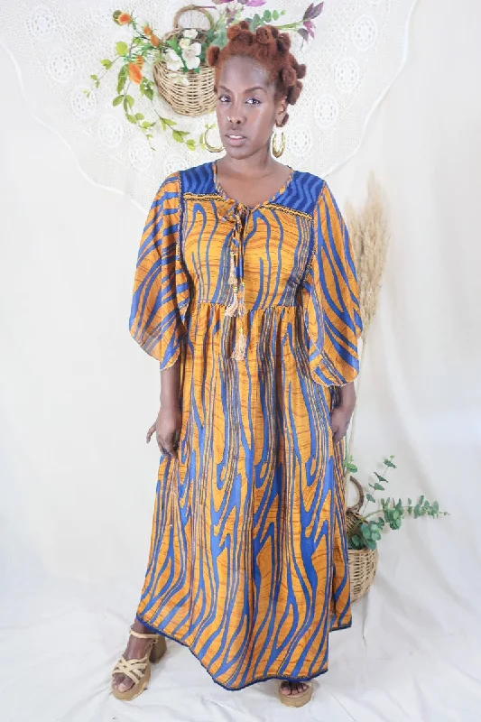 Angelica Maxi Dress - Vintage Sari - Amber & Blue Waves - Free Size M/L Fashionable Chiffon Tiered Maxi Dress