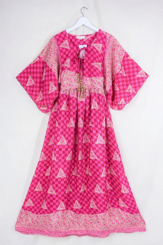 Angelica Maxi Dress - Vintage Sari - Checkerboard Pink - Free Size M/L Chic Off-Shoulder Maxi Dress