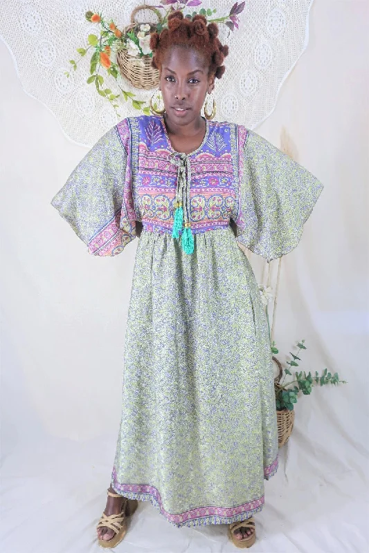 Angelica Maxi Dress - Vintage Sari - Pistachio Green & Rouge Leaves - Free Size M/L Fashionable Asymmetrical Maxi Dress