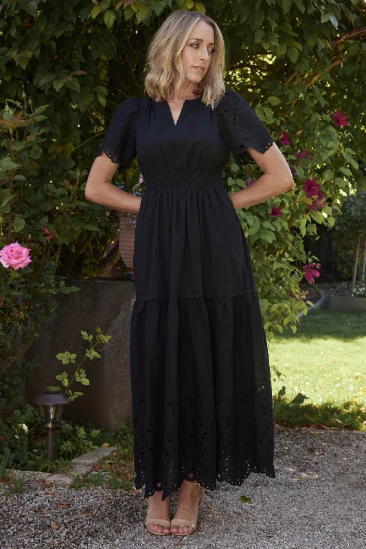 Annette Eyelet Maxi Dress | Black Comfortable Long-Sleeve Maxi Dress