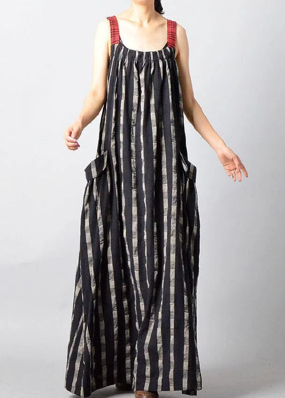 Art Black Plaid Patchwork Pockets Cotton Linen Summer Maxi Dresses Stylish Empire Waist Maxi Dress