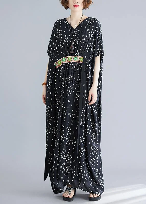 Art Black Print Cotton Cinched Summer Maxi Dress Classic Solid Maxi Dress