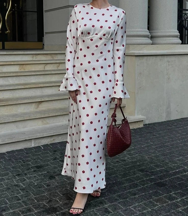 A&A Flare Long Sleeve Printed Polka Dot Maxi Dress Trendy Printed Maxi Dress