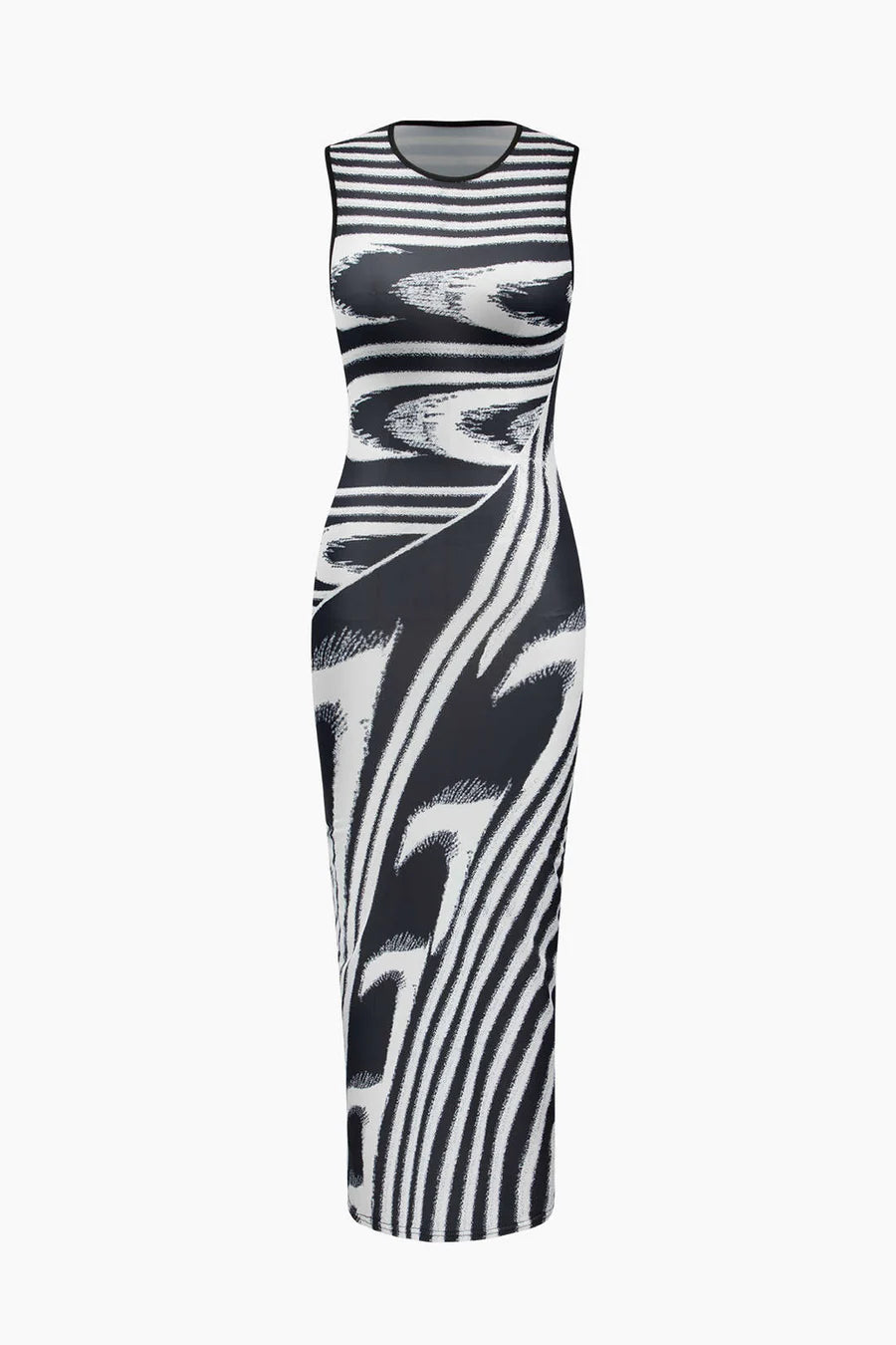 A&A Abstract Monochrome Sleeveless Maxi Dress Comfortable Ruffle Hem Maxi Dress