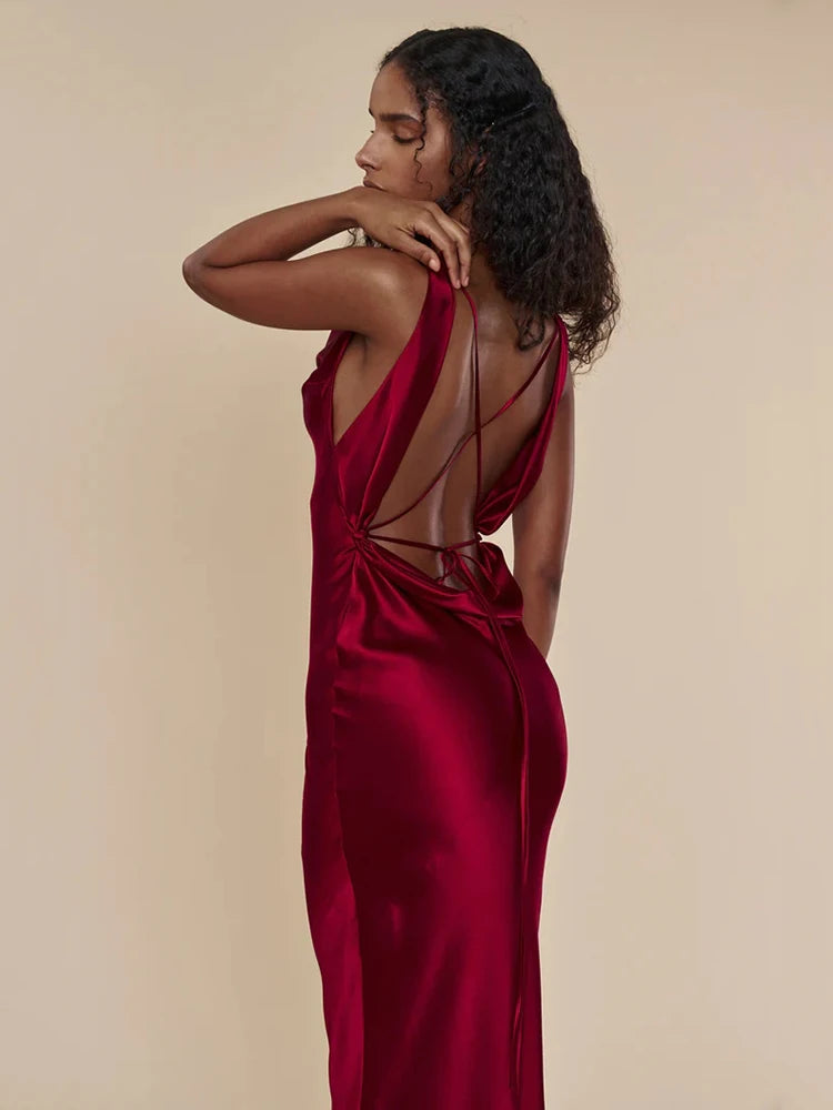A&A Luxe Plunging Back Cowl Lace Up Satin Silk Maxi Dress Chic Boho Print Maxi Dress A&A Luxe Plunging Back Cowl Lace Up Satin Silk Maxi Dress Chic Boho Print Maxi Dress