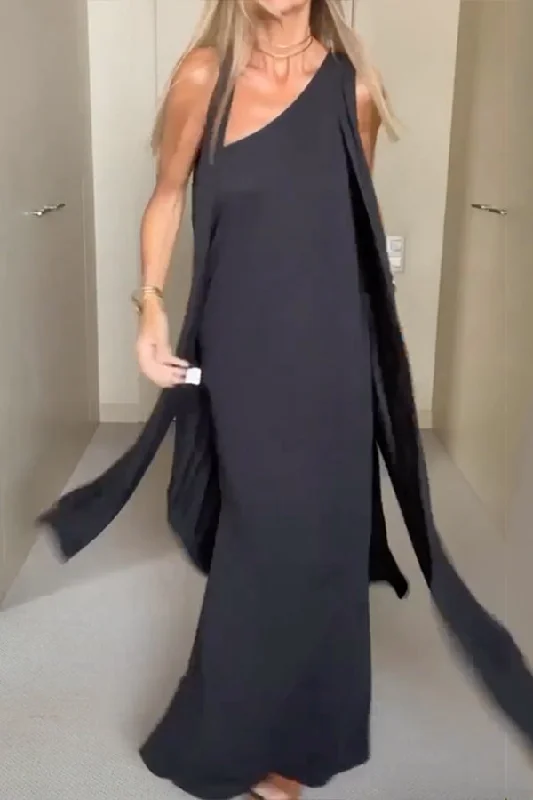 Asymmetric Solid Color Sleeveless One-Shoulder Maxi Dresses Fashionable Maxi Dress with Fringe