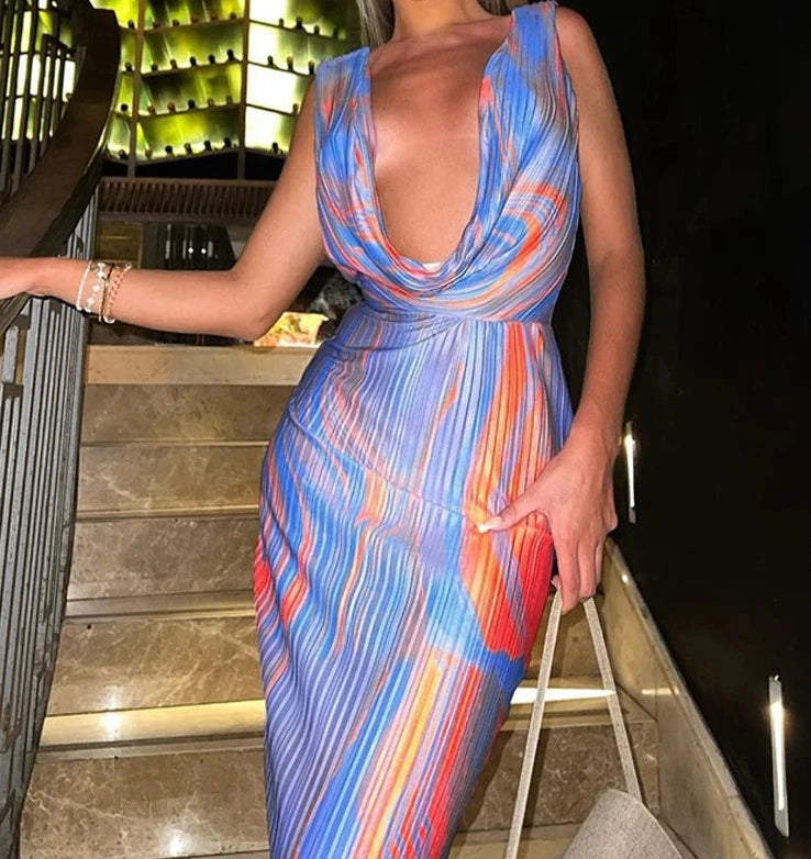 A&A Abstract Cowl Neck Plissé Sleeveless Maxi Dress Comfortable Ruffle Hem Maxi Dress