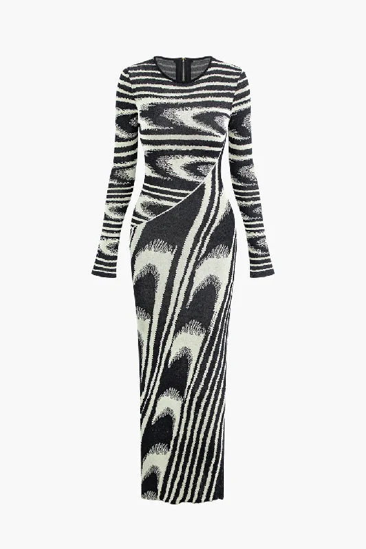 A&A Abstract Long Sleeve Knitted Maxi Dress Fashionable Printed Maxi Dress