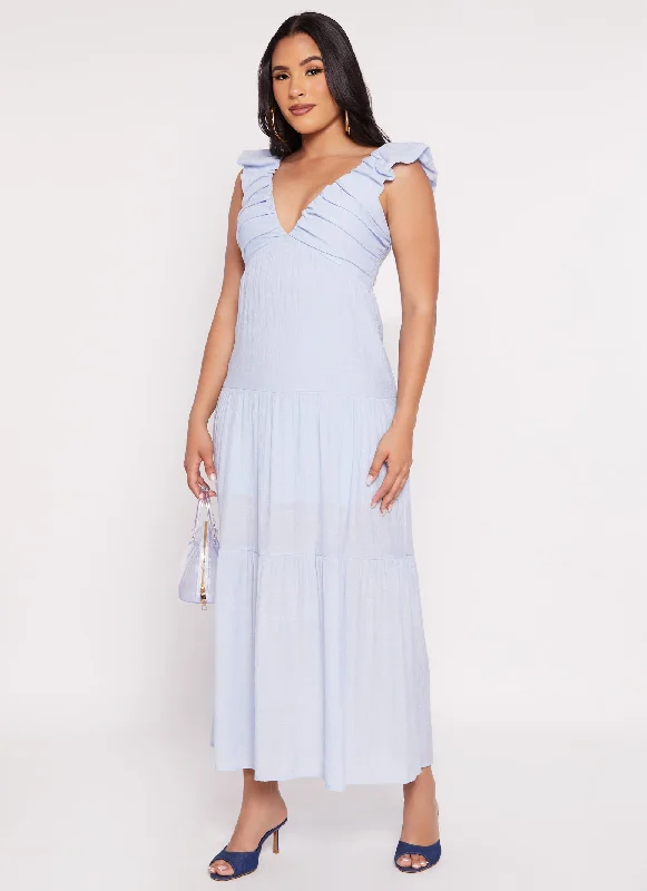 Ruched V Neck Tiered Maxi Dress Elegant Pleated Maxi Dress