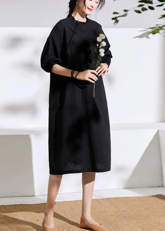 Beautiful Black Pockets Button Summer Linen Maxi Dresses Half Sleeve Fashionable Sheer Maxi Dress