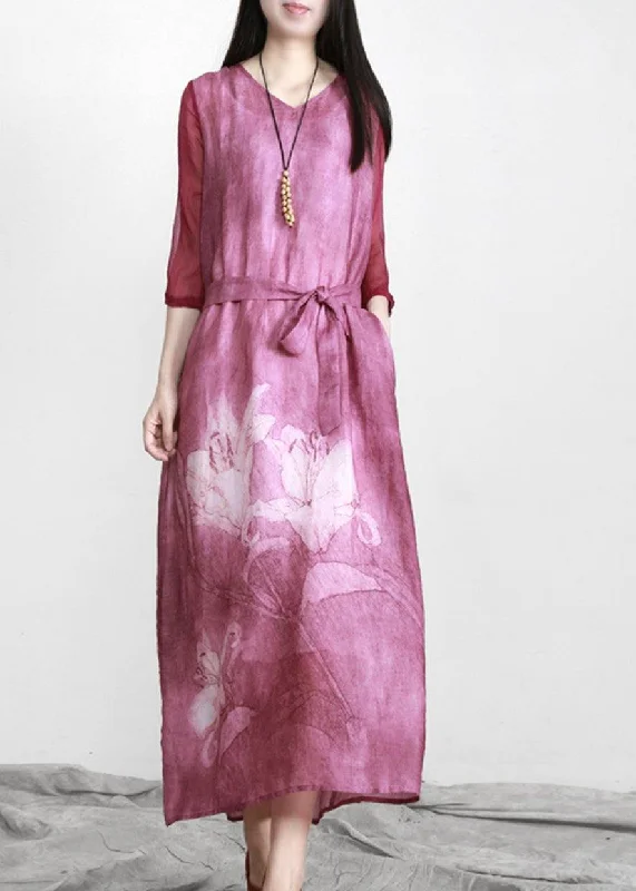 Beautiful Purple Print Linen Tunic Maxi Dresses Trendy Maxi Dress with Belt