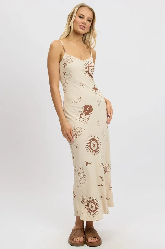 Beige Abstract Maxi Dress Bias Cut Classic V-Neck Maxi Dress