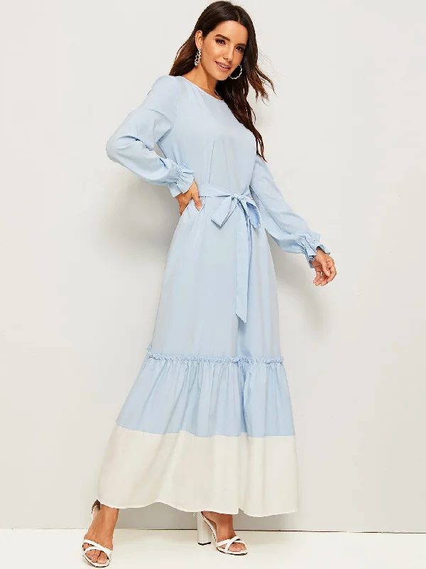 Bell Cuff Contrast Hem Belted Maxi Dress Fashionable Asymmetrical Maxi Dress