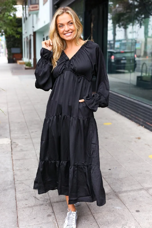 Elegant Black Elastic V Neck Tiered Satin Maxi Dress (Open Pack) Comfortable Satin Maxi Dress Elegant Black Elastic V Neck Tiered Satin Maxi Dress (Open Pack) Comfortable Satin Maxi Dress
