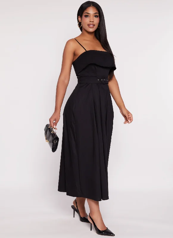 Haute Monde Poplin Belted Square Neck Maxi Dress Elegant Maxi Dress with Pockets