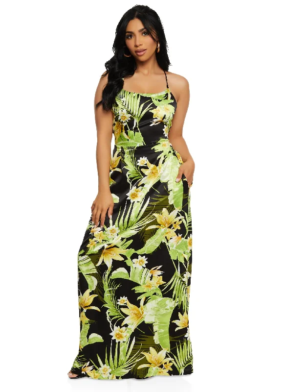 Haute Monde Tropical Print Cami Maxi Dress Cozy Ruffle Sleeve Maxi Dress