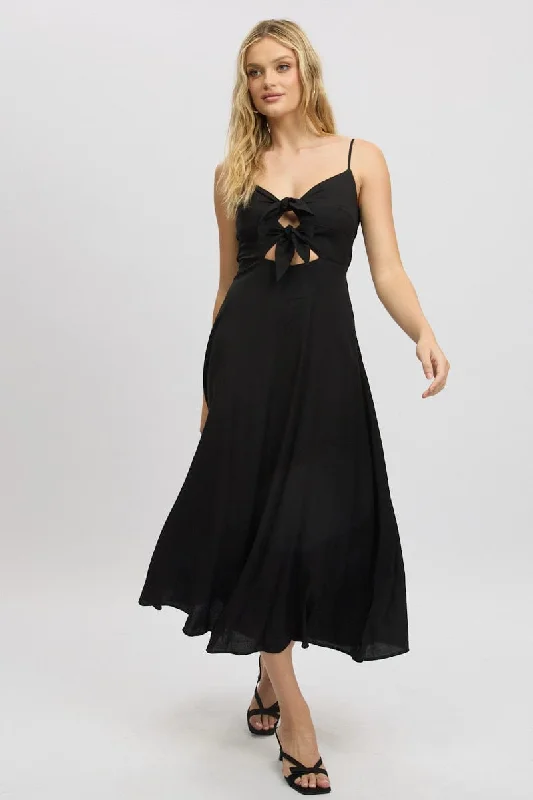 Black Maxi Dress Tie Detail Strappy Elegant Maxi Dress with Ruffles