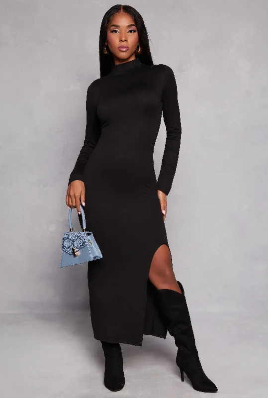 Mock Neck Side Slit Maxi Dress Trendy Maxi Dress with Lace