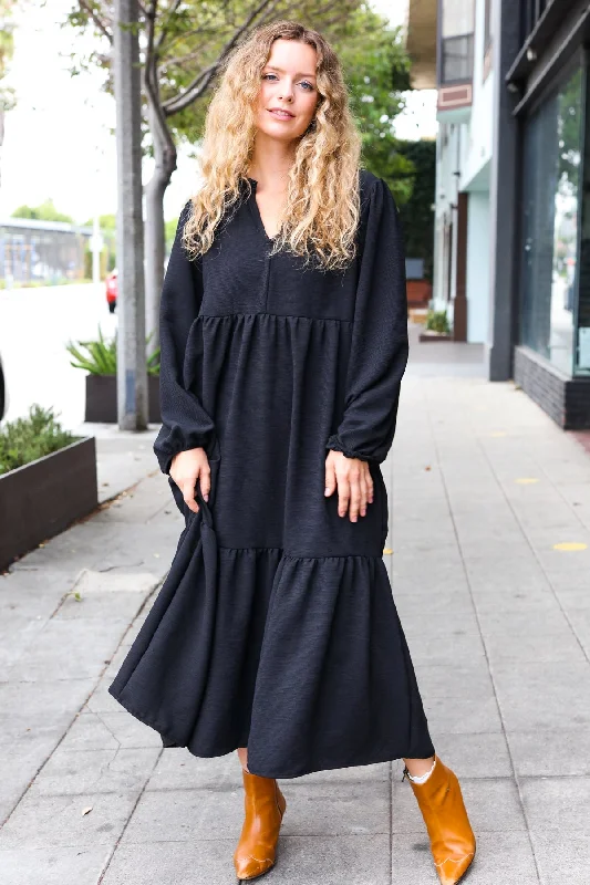 Lock Eyes Black Notched Neck Frill Hem Tiered Maxi Dress (Open Pack) Stylish V-Neck Maxi Dress Lock Eyes Black Notched Neck Frill Hem Tiered Maxi Dress (Open Pack) Stylish V-Neck Maxi Dress
