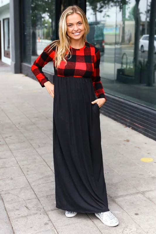 Black & Red Plaid Maxi Dress Elegant Velvet Maxi Dress