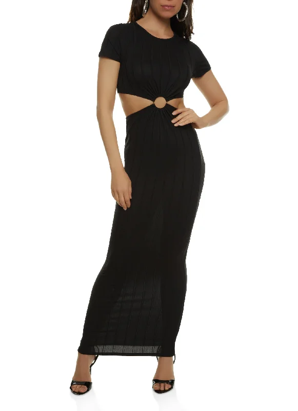 Ribbed O Ring Cut Out Maxi Dress Stylish Maxi Dress with Pleats