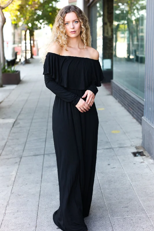 Black Solid Flutter Shoulder Maxi Dress Comfortable Maxi Dress with Slits