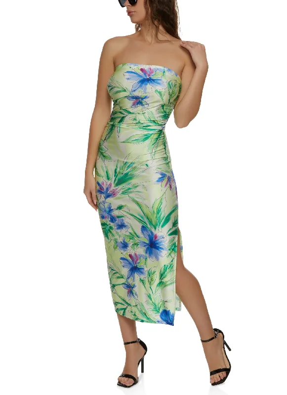 Haute Monde Floral Split Hem Strapless Maxi Dress Cozy Knitted Maxi Dress