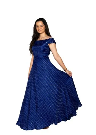 Blue Mirror Work With Gold Embroidered Off Shoulder Maxi Dress Trendy Maxi Dress with Belt