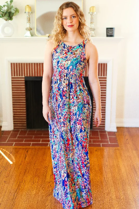 Blue Vibrant Print Pocketed Maxi Dress Elegant Wraparound Maxi Dress