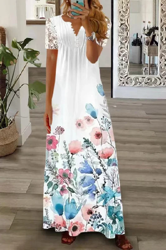 Boho Floral V Neck Button Lace Sleeve Holiday Beach Maxi Dress Cozy Spaghetti Strap Maxi Dress