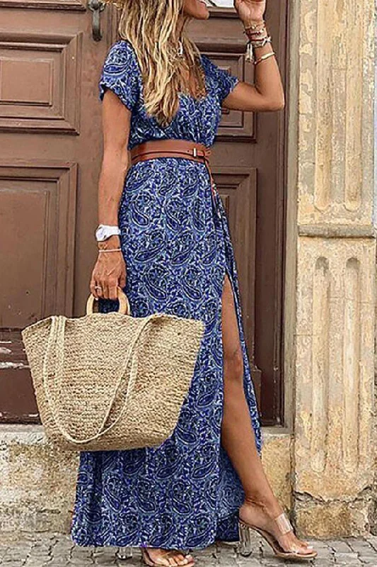 Boho Style Sleeveless Print Maxi Dress Elegant Maxi Dress with Belt