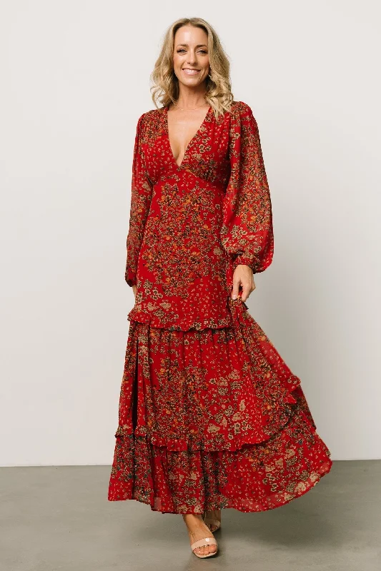 Bowman Deep V Maxi Dress | Red Multi Stylish One-Shoulder Maxi Dress