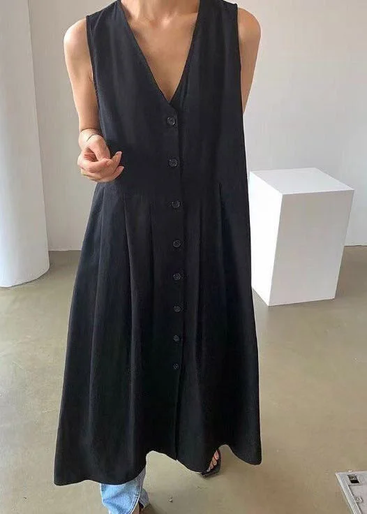 Brief Black V Neck Wrinkled Cotton Maxi Dresses Summer Cozy Ribbed Maxi Dress