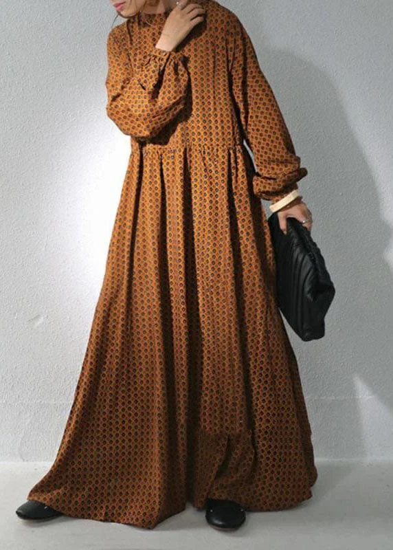Brown Dot Print Chiffon Maxi Dresses Stand Collar Wrinkled Long Sleeve Fashionable Halter Neck Maxi Dress Brown Dot Print Chiffon Maxi Dresses Stand Collar Wrinkled Long Sleeve Fashionable Halter Neck Maxi Dress