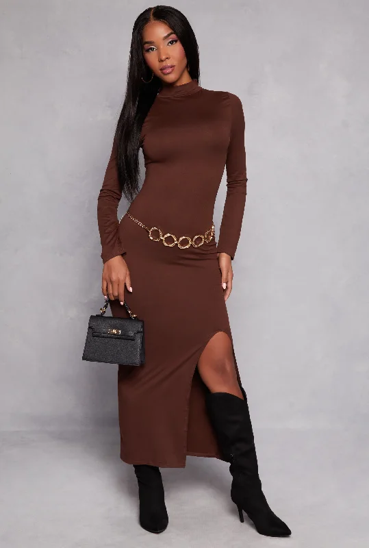 Mock Neck Side Slit Maxi Dress Comfortable Ruffle Hem Maxi Dress