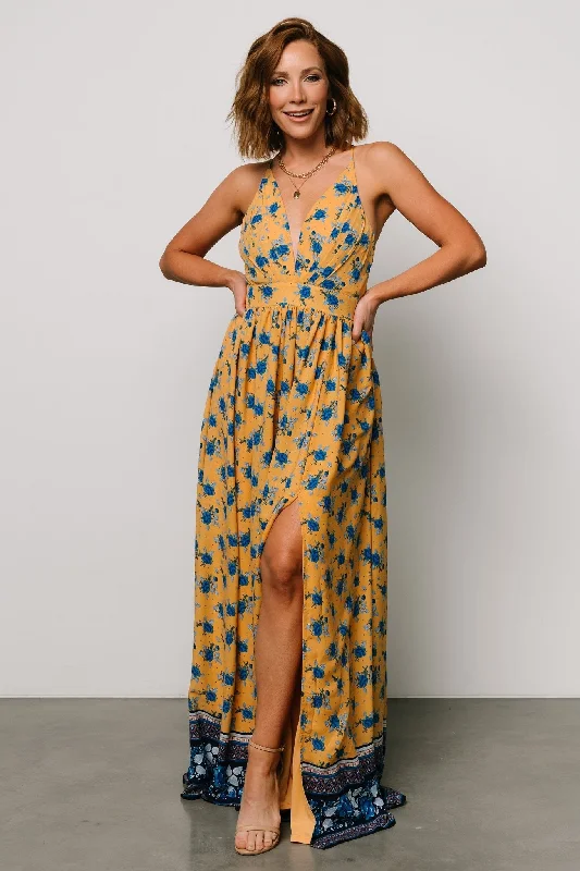 Brylee Maxi Dress | Mustard + Navy Fashionable Layered Maxi Dress