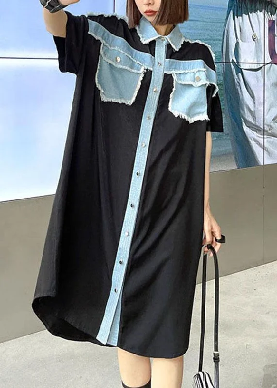 Casual Black Summer Splicingpocke Patchwork Maxi Dresses Short Sleeve Cotton Comfortable Flowy Maxi Dress