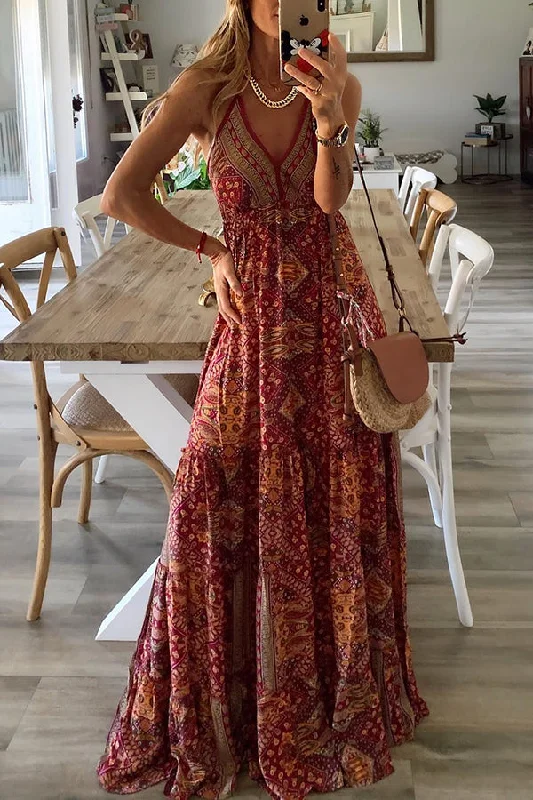 Celeste Boho Printed Strap Elastic Waist Maxi Dresses Stylish One-Shoulder Maxi Dress