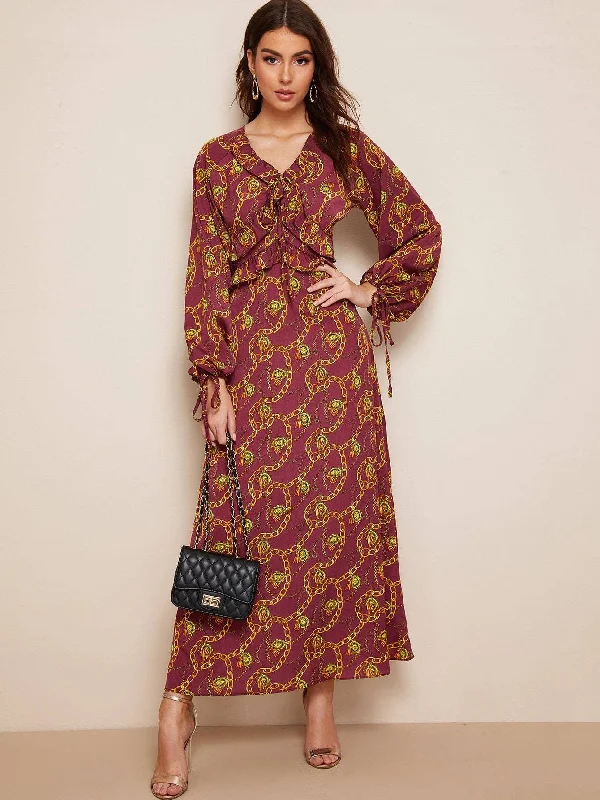Chain Print Knot Cuff Maxi Dress Trendy V-Neck Maxi Dress
