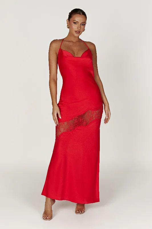 Chandra Lace Detail Satin Maxi Dress - Red Trendy Floral Print Maxi Dress