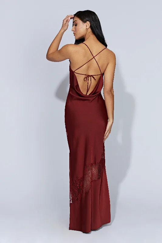 Chandra Lace Detail Satin Maxi Dress - Cherry Chocolate Comfortable Maxi Dress with Slits