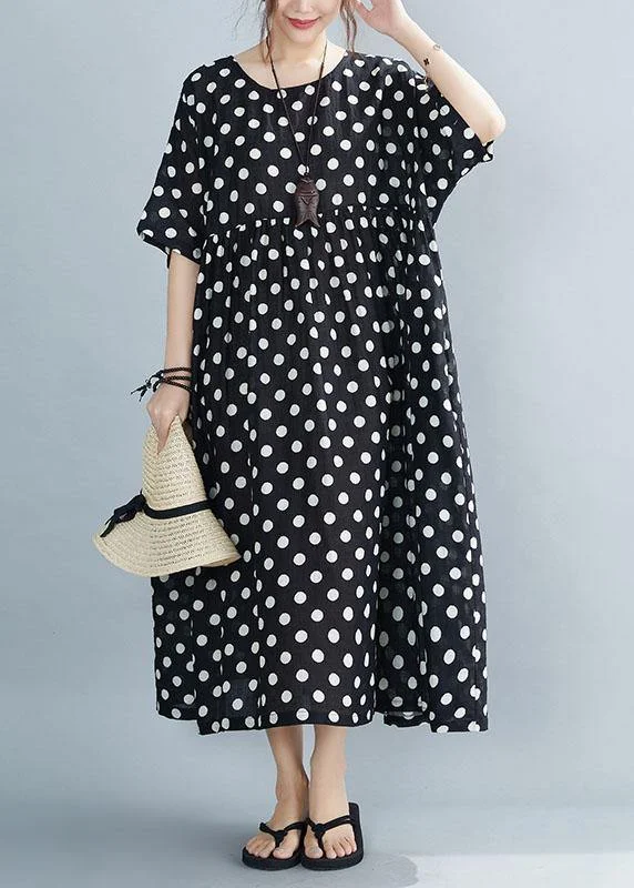 Chic Black O-Neck Dot Summer Maxi Dresses Half Sleeve Elegant Maxi Dress with Lace