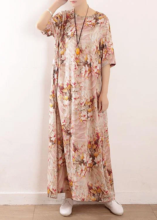 Chic Pink Print Oriental Summer Maxi Dress Trendy Floral Print Maxi Dress
