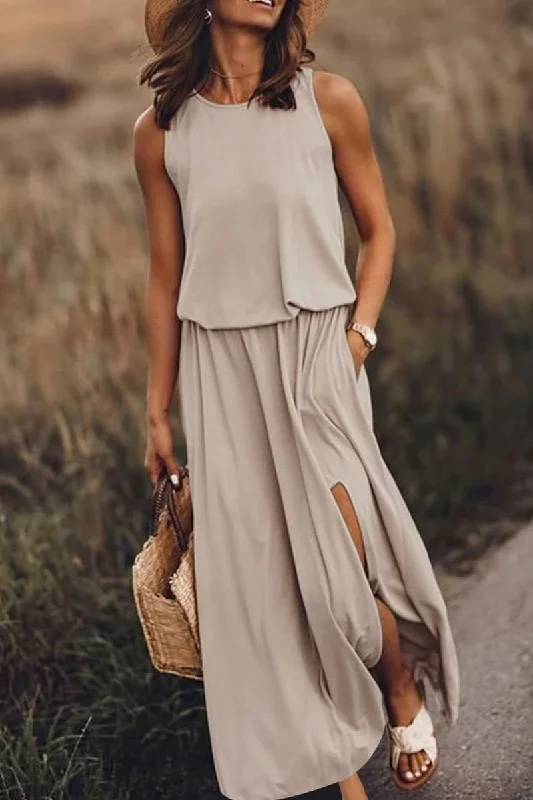 CityHottie Bohemian Sleeveless Side Slit Maxi Dress Stylish V-Neck Maxi Dress